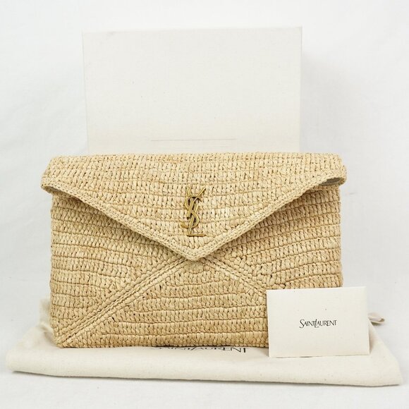 NIB Saint Laurent Cassandre Large Envelope Raffia Pouch In Natural And Brick - Picture 1 of 11